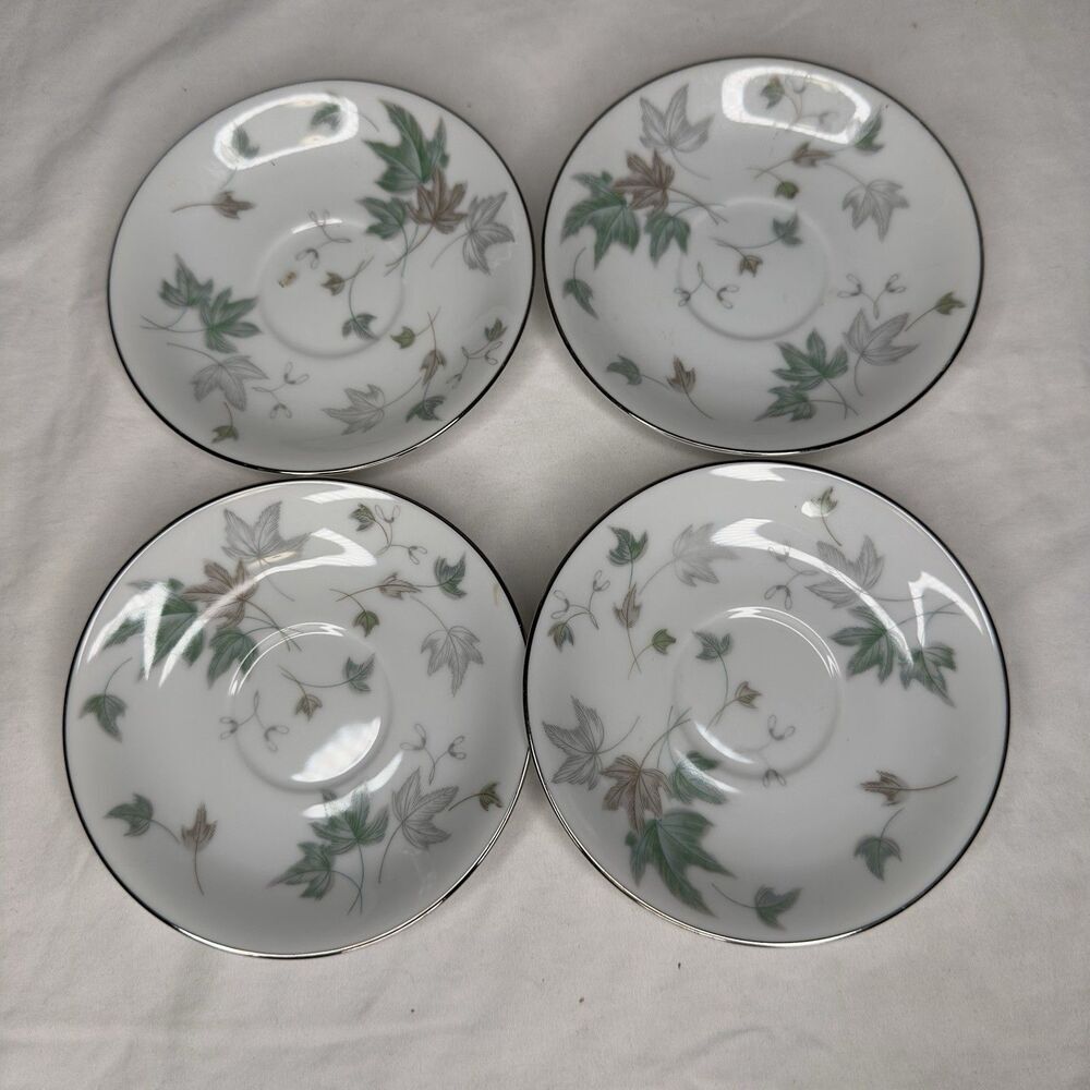 Noritake Saucers Greenwood 5769 Green Gray Leaves Silver Trim Set of 4